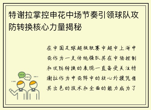 特谢拉掌控申花中场节奏引领球队攻防转换核心力量揭秘 特谢拉掌控申花中场节奏引领球队攻防转换核心力量揭秘