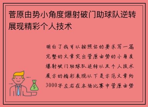 菅原由势小角度爆射破门助球队逆转展现精彩个人技术 菅原由势小角度爆射破门助球队逆转展现精彩个人技术